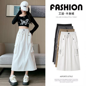 Women Cargo Midi Skirt High Waist A Line Workwear Skirt Big Pockets Side Slit Long Skirt Casual Cotton Twill Skirt Streetwear