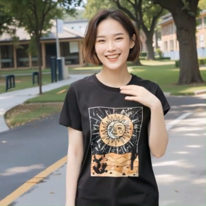 Womens Fairycore Loose Fit Short Sleeve T-shirt With Sun Moon and Stars Print