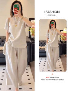 Shalldoer | Bộ đồ hai mảnh phong cách Trung Hoa giản dị mùa hè cho nữ Áo sơ mi dài tay và quần dài cổ tròn không tay