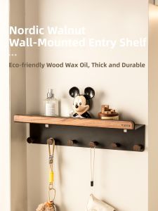 Creative Walnut Wooden Wall Mounted Key Holder Storage Rack Living Room Entryway Coat Hat Storage Shelf Story of Good Goods