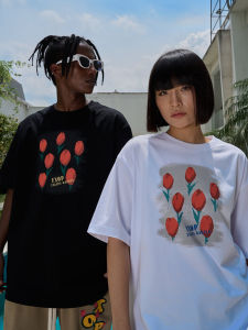 FXOP American Retro Vintage Tulip Short Sleeve Mens T-Shirt Loose Couple Casual Top Breathable Cotton Youth Fashion Summer