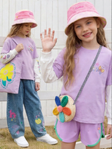 PPTOWN | Girls Long-Sleeved Crew Neck Printed Lightweight Fake Two-Piece Top Spring