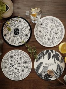 Black White Retro American Dining Table Heat Resistant Pad round Small Dining Mat No Wash Waterproof Oil Proof Bowl Mat Plate Mat Water Cup Mat