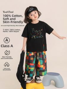 YOEHYAUL | Bộ Quần Áo Plaid Mùa Hè Mới Áo Thun Mid-Length Có Khuyết Bên Quần Rộng Lỏng