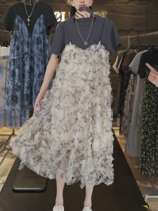 ชุดเดรสยาวปานกลางผู้หญิงสไตล์ฝรั่งเศส ชุดกระโปรงทรงเอแขนสั้นผ้าลายดอกไม้ คอลเลกชันฤดูร้อน เดรสยาวปานกลางสไตล์ฝรั่งเศส