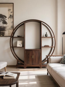 Minimalist New Chinese Style Black Walnut Wood Bookshelf Sòng Aesthetic Multi-Purpose round Storage Rack Traditional Joinery