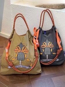 Large Capacity Womens Crossbody Bag Embroidered Nylon Shopping Bag Versatile Ball Chain Korean Style Handbag for All Occasions