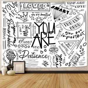 VIKAMA Năng Lượng Tích Cực Graffiti Tấm Thảm Đen Trắng Động Lực Trang Trí Tường Cho Phòng Ngủ Ký Túc Xá Phong Cách Đường Phố Treo Tường Polyester