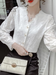 French V-neck Lace Base Shirt Womens Fashionable Autumn New Long Sleeve Inner Wear Silk Shirt Elegant Base Layer Top
