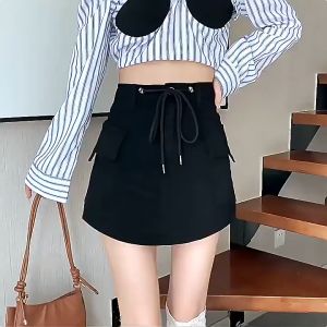 Korean Inspired Skorts for Women: High-Waisted Denim Skirt with Drawstrings On Both Sides for Women Summer Korean Style Retro All-match Anti-exposure Short Skirt