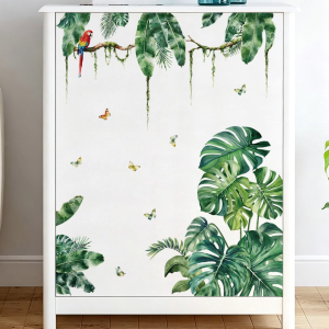 Decal Dán Tường Lá Monstera Nhiệt Đới Và Vẹt Rừng Xanh Có Keo Sẵn 120x150cm - Trang Trí Phòng Khách