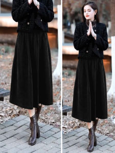 Fall Winter Thickened Fleece A-Line Skirt High Waist Midi Gored Skirt Elegant Polyester Fiber Umbrella Skirt Pure Color