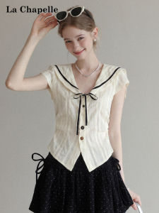 La Chapelle | College Style Sailor Collar Short Sleeve Shirt Belted and Hollowed Out Slim Waist Top