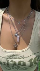 Ingemark | 4Pcs Ethnic Pink Crystal Star Pentagram Pendant Choker Necklace for Women Elegant Moon Tassel Chain Party Jewelry Accessories