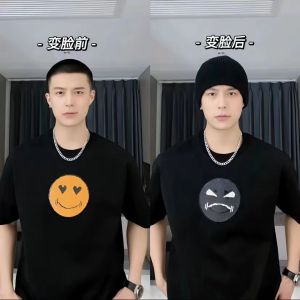 Short Sleeve Smiley Face T-Shirt Men Women Childrens Glitter Color Changing Couples Top Iron Man Spiderman Pattern T-Shirt