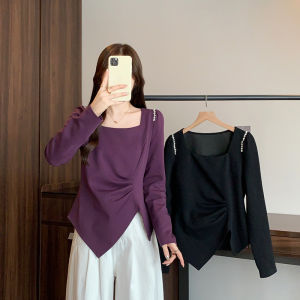 Fashionable Casual Diamond Embellished Waist-Cinching Long Sleeve Base Shirt for Women Elegant Simple Autumn New Style plus Size