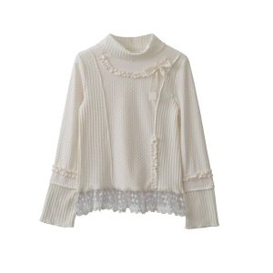 เสื้อยืดคอกลมแขนยาวผ้าถักสไตล์หวานพร้อมโบว์ผีเสื้อและขอบไม้ ทรงเข้ารูป สำหรับผู้หญิงวัย 18-24 ปี