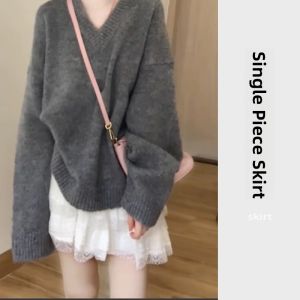 YUEZHONGWEI | Early Autumn Grey V-Neck Loose Lazy Style Knitwear
