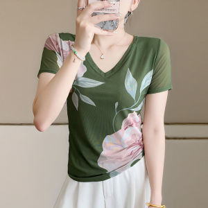 Yimei thời trang châu Âu 2025 mùa hè lưới định vị hoa tay ngắn Áo phông cổ chữ V khí chất co giãn ôm gọn hàng đầu