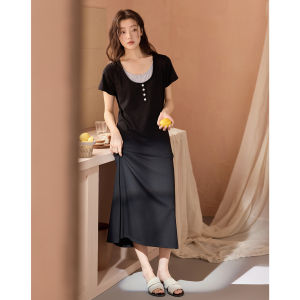 Padded Summer Short Sleeve Modal Cotton Elegant Two-Piece Look Long Sleepwear Dress