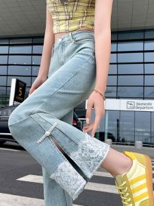 QIAOMIDUO | New Chinese Style Lace Light Color Bell Bottom Jeans Women Summer Small Size Eight Nine Flower Edge Slit Bell Pants Casual High Waist Thin Cotton Polyester Spandex Summer Shorts Bell Pants