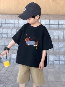 Boys Cotton T-Shirts Short Sleeve Loose Fit round Neck Cartoon Print Breathable Summer Tops for Kids Ages 3-13 Black