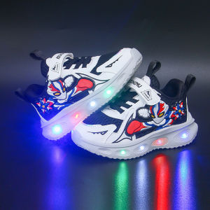 Glowing Boys Shoes Breathable Double Net Childrens Light-Up Shoes Baby Boys Sports Shoes Ultraman Theme Running Shoes