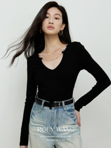 ROEYWANG Knitted Cotton V-neck Slim Fit Top with Chain Necklace Decoration Korean Style Long Sleeve Pure Color T-shirt
