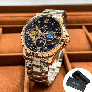 AOKULASIC | AOKULASIC Luxury Moon Phase Mechanical Watch for Men Fashion Tourbillon Skeleton Automatic Watches Leather Steel Band Wristwatch