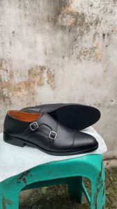 Argo Black - Sepatu Kulit Formal Cap Toe Double Monk Strap