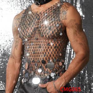 Men Glitter Rhinestones Halter Tank Top Shiny Fishnet Mesh Crop Top Rave Outfit Club See Through Camisole Body