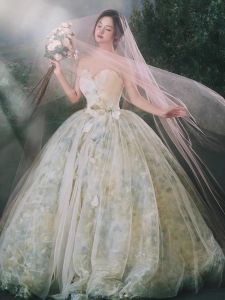 การถ่ายภาพในร่ม เรียบง่าย คู่รัก เดรส ธีมสตูดิโอสไตล์ใหม่งานแต่งงานหางดอกไม้ เดรส เวอร์ชั่นเกาหลีผ้าสุทธิกลาง เอว