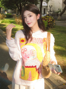 Loose Long Sleeve Graffiti T-Shirt Womens Early Autumn New Style Casual Vintage Slimming Lazy Fashion Top Korean Style