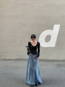 กระโปรงยีนส์สีน้ำเงิน Vintage Washed ทรงเอ ความยาวปานกลาง แฟชั่นฤดูร้อน 2024 กระโปรงทรงเอเอวสูง สีพื้น ผ้าผสมอื่นๆ