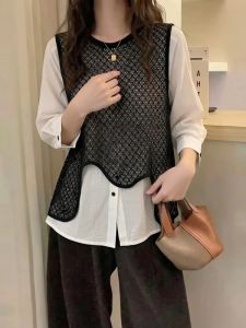 AIYITI | Unique Lace Hollow Out Faux Two-piece Short Sleeve Shirt For Large Size Women