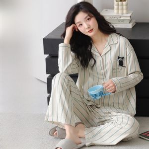 Miiow | Casual Long Sleeve Open Cardigan Pants Set Womens Sleepwear Cat Person Home Clothes Plus Size Comfortable Leisure Style