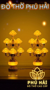 Đèn Thờ Hoa Sen 7 Bông Cổ Điển Tay Dâng Phật Cao Cấp - Cao 60 cm - HCM Tặng Led Dự Phòng