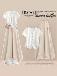 NUMEN BUTTON | Plus Size Summer High-Quality V-Neck Button T-Shirt Leisure Wide Leg Pants Set