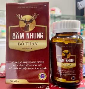 Sâm Nhung Bổ Thận hộp 60 viên hộp màu đỏ chai nhựa nâu | - Hộp đỏ chai nhựa nâu | - 60 viên | - Hỗ trợ bổ thận tráng dương | - Giúp tăng cường sinh lực | - Hỗ trợ cải thiện sinh lý nam giới