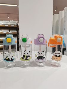 ShangTai Summer Portable Straw Cup for Children Students Tritan Material Panda Design School Water Bottle Cute Handle Cup