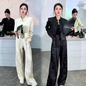 New Chinese Style Elegant Outfit Womens 2024 Autumn Clothing New Arrival Fashion National Style Chinese Knot Button Top Jacquard Casual Pants Two-piece Set