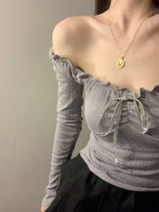 French Sweet Butterfly Knot Low Neck Long Sleeve Womens T-shirt Slimming Base Shirt Versatile Fall Design Sense Top