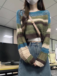 2024 New Design Sense Stripes Hollow-out Knitted Blouse Womens Early Autumn Idle Style Thin Loose Tops Short
