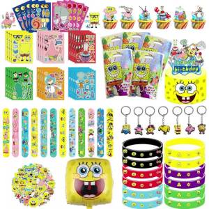 SpongeBob SquarePants Birthday Party Favors  Cake Topper Slap Bracelet Gift Bag DIY Stickers Balloon Party Supplies Keychains