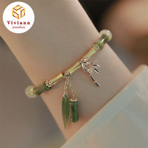 Viviann Original Olive Jade Bamboo Vintage Pendant Bracelet Beaded Jewelry Green Jade Bead Bamboo Shape Bracelets Women Vintage Charm Handmade Jewelry Energy Bangles For Gift