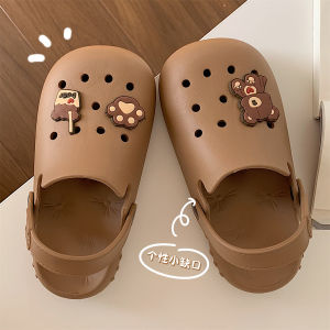 Retro Cute Bear Hole Shoe Women Summer Outdoor Thick Bottom Beach Shoes Anti-Slip Latte Color Home Slippers Korean Style EVA