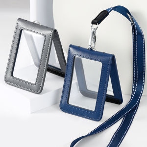 High Quality Transparent Window ID Badge Holder Office Worker Business Job Chest Card Holders Leather Cards Cases with Nylon Lanyard