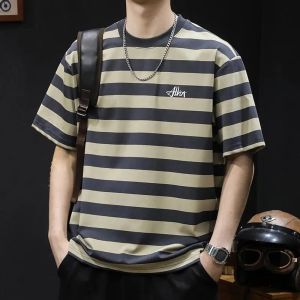 Summer 2025 Mens Loose Fit round Neck T-Shirt Striped Color Block Short Sleeve Casual Top Fashion Brand Travel Wear