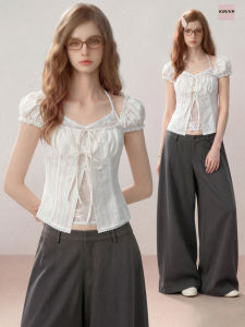 KBVVR | Layered Neckline Lace Sleeveless Slim Fit Square Neck Puff Sleeve Blouse