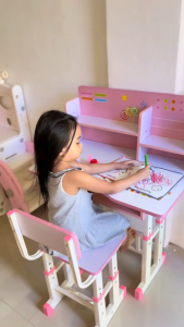 PlayPark Kids Study Table and Chair Set Adjustable Height Children Writing Desk Ergonomic Home Learning Table for Boys Girls